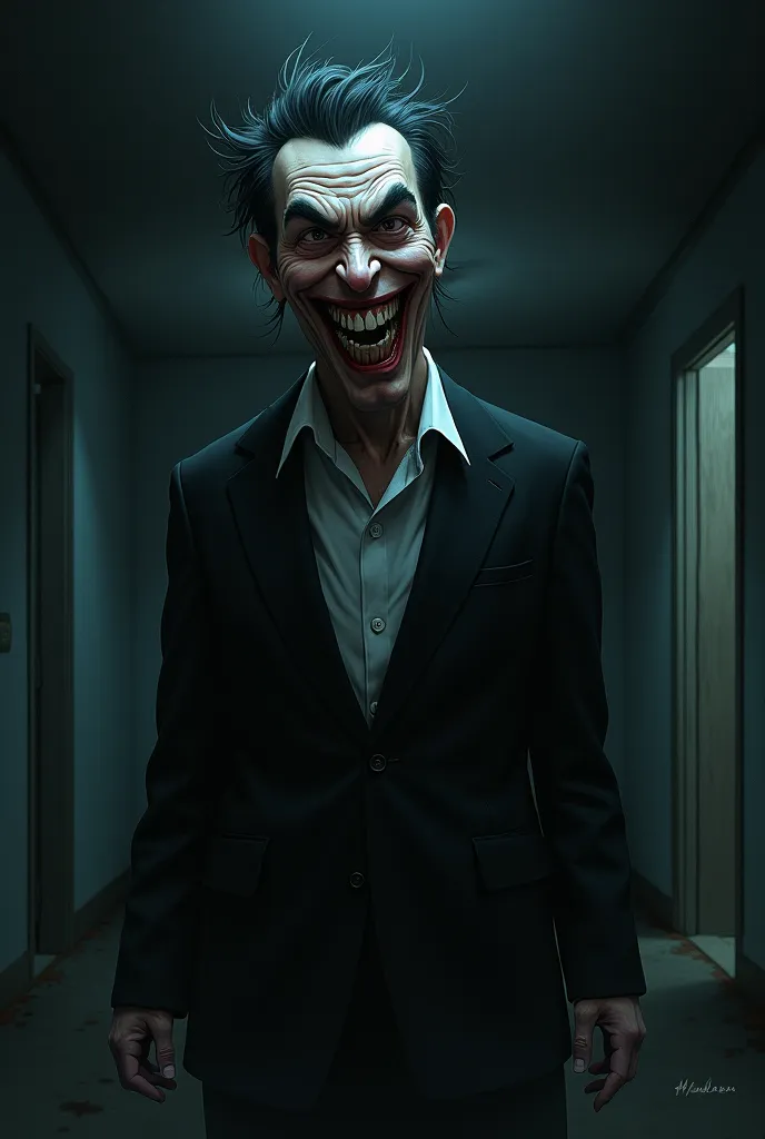 A bizarre man with a creepy and dreadful psychopath smile in the dark in anime