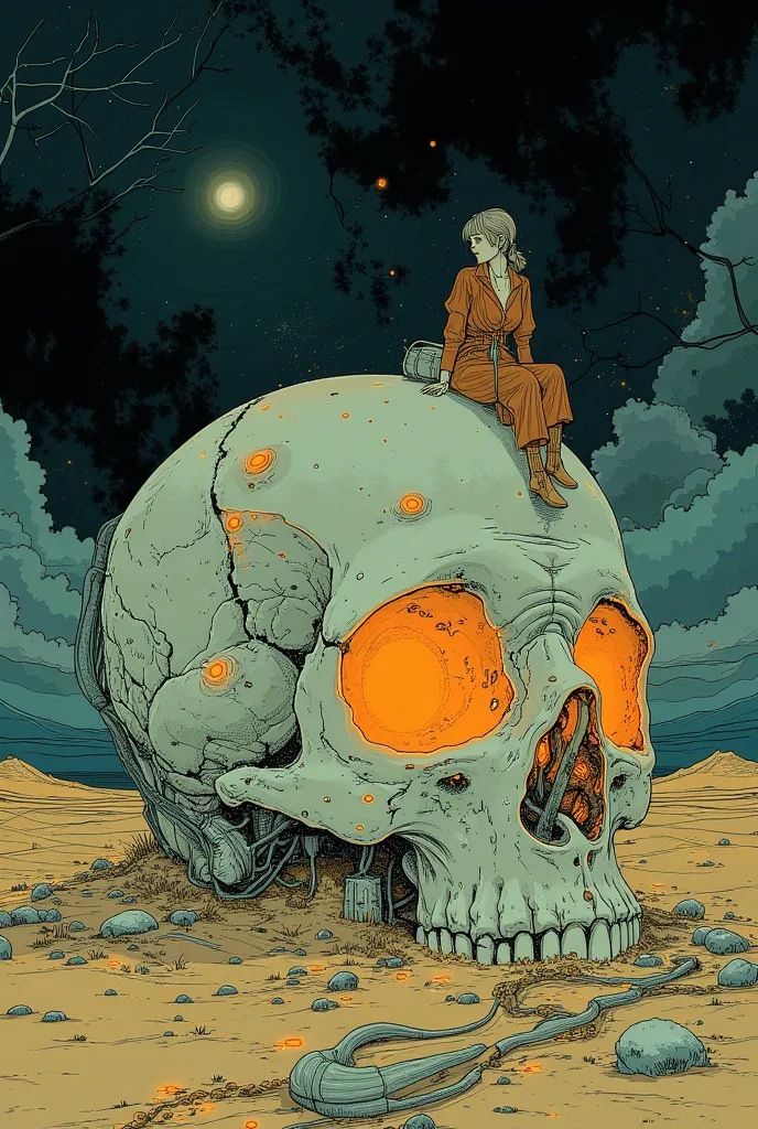   woman sitting on the side of a luminous skull、 Skulls are the only light source、Dark Desert 、Moebiusの絵にインスパイアされたエッチング, hieronymus bosch and Moebius,  Jean Girard and Waterhouse , ( Moebius ), inspired by jean Moebius giraud, in the stlye of Moebius, by ...