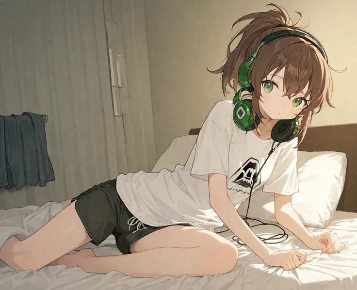 Went in shorts on the bed, green eyes, white t-shirt with the INVASION logo, brown hair in a ponytail, headphones black,  bright room. 