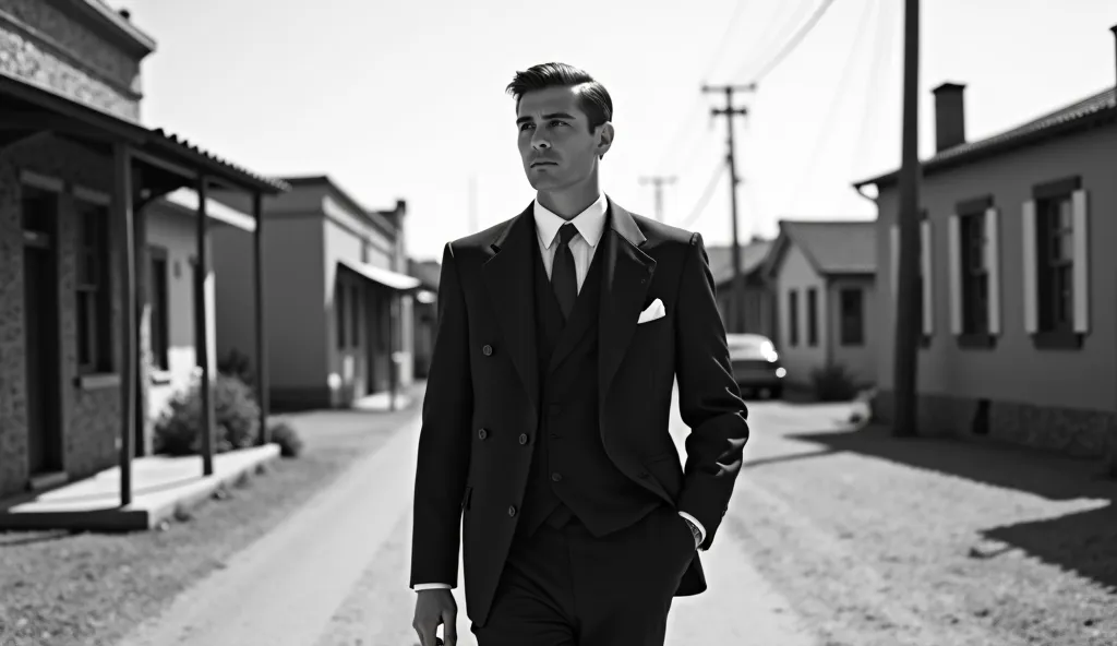 Create an image of an elegant man in a suit on the street walking in the 60s, On a street that is a rural perimeter and a black and white photo