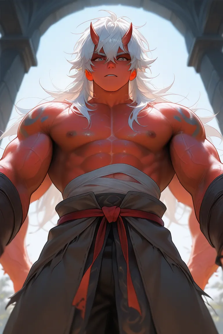 ( Masterpiece : 1.2), (    very detailed: 1.2), (    very detailed CG: 1.2), (    HD: 1.2), 1man, rough scarred skin, muscular, bulky, two pair of arms, white hair color, messy bangs, two small horns on forehead, four arms,  magic curse on skin, standing, ...