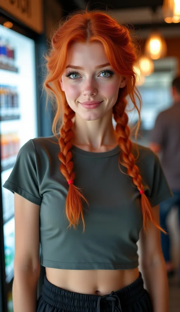  Caucasian woman, Nordic, wavy red hair and long, It has 2 braids, green eyes ,    slapped nose , 1.60 mts. 55 kilos, Slim waist, Curled eyelashes ,  diamond face , He's in a coffee shop,  wears sportswear ,  High resolution 8K ,  a lot of people around, H...