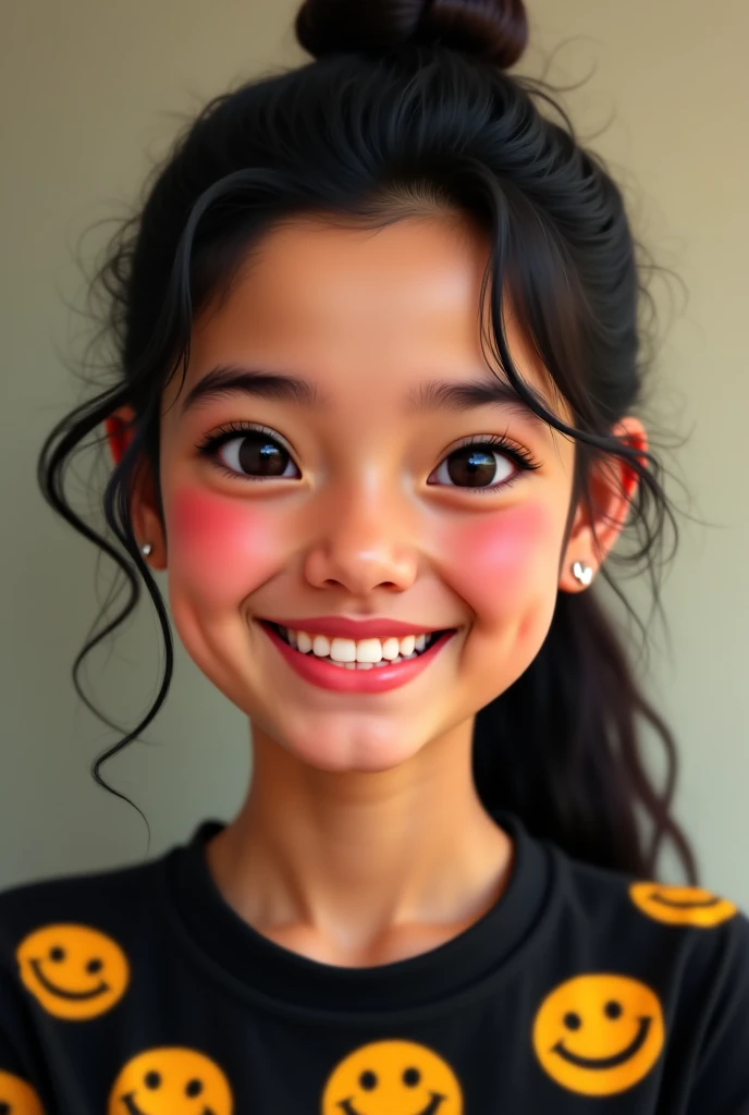 Young Venezuelan woman, white complexion with black hair tied up, round face smiling, with black shirt with happy faces 