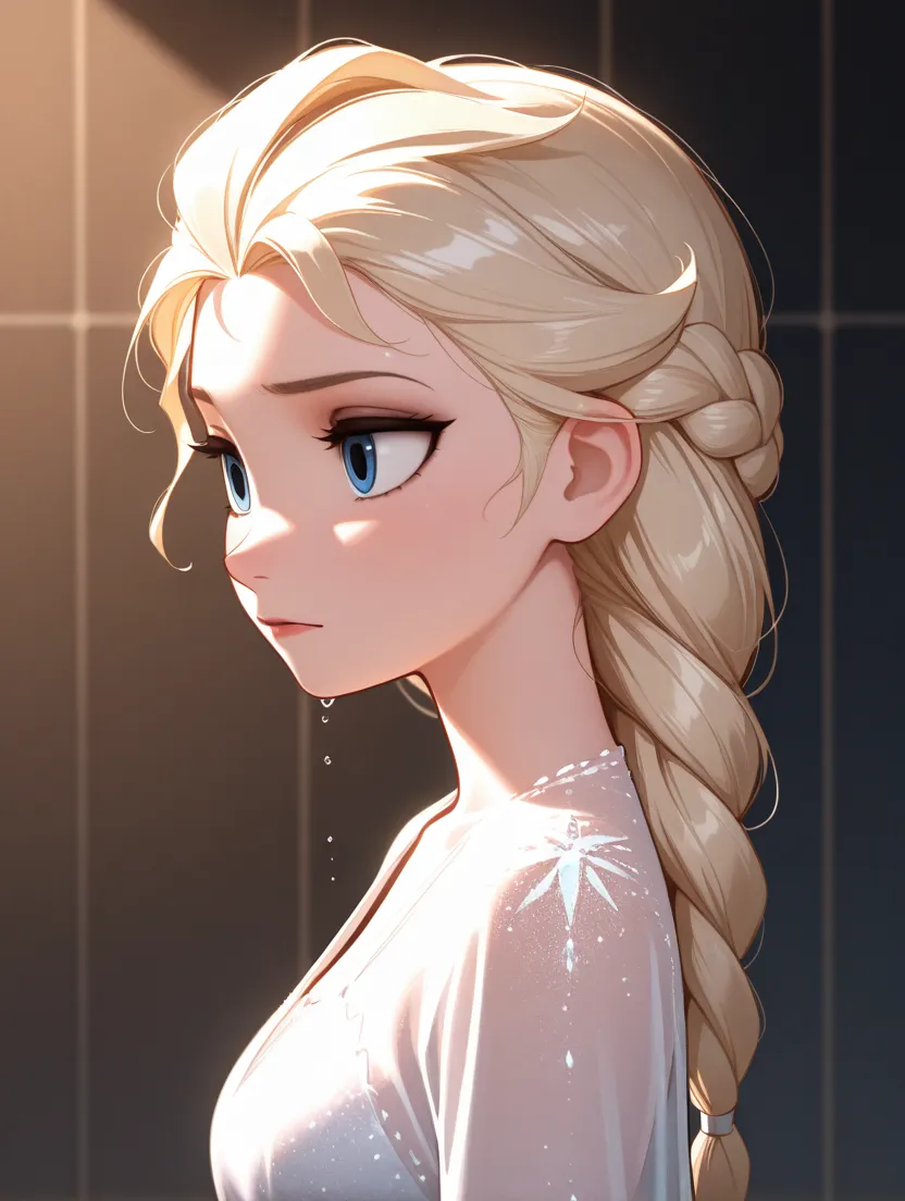 masterpiece, best quality, absurdres,
DisneyElsa, 1girl, blonde hair, blue eyes, braid, long hair, moody lighting with shadows, edgy and modern vibe, in the modern shower