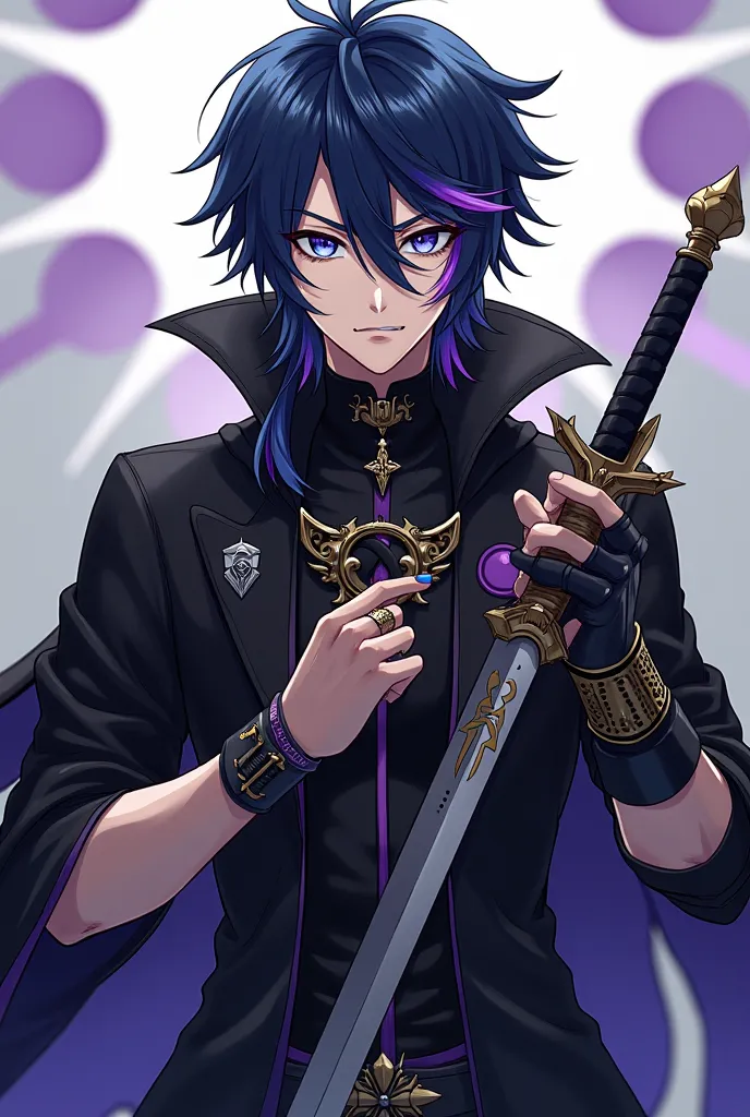 A man about  dressed in black with metal details and a metal bracelet with a pistol in one hand and a medium-sized sword in the other with round rays a scar on the eye dark blue hair with purple details and blue eyes