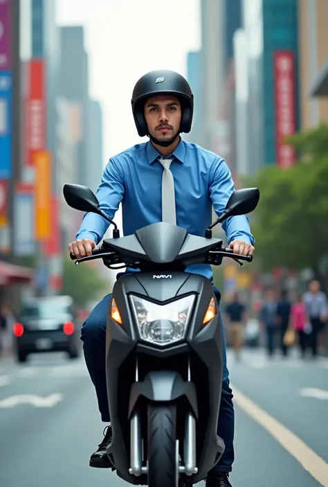 Deliveryman with black helmet, blue shirt and white tie driving a Honda Navi motor scooter 