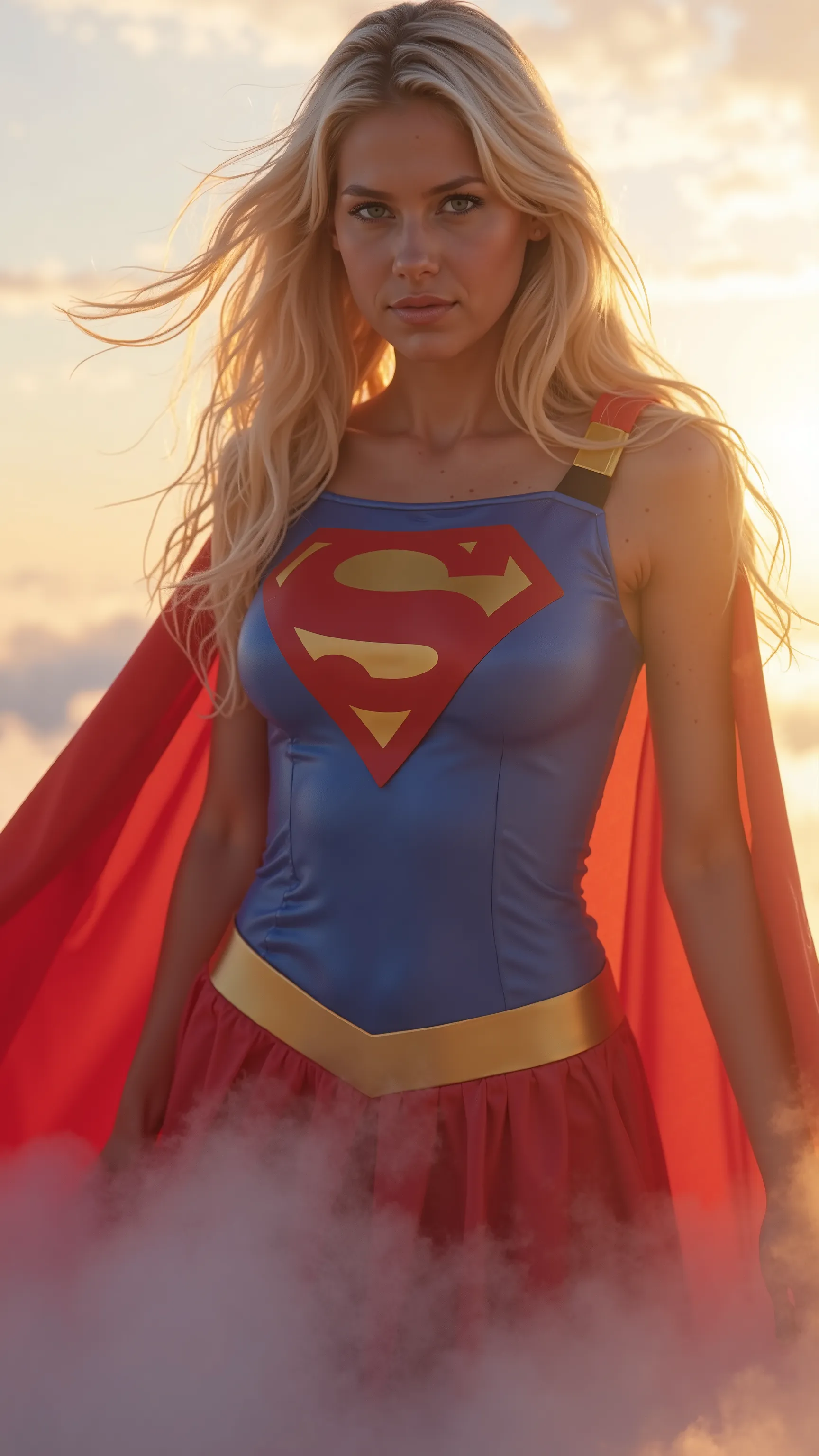 Close-up of an imposing figure, a young woman in a 1980s Supergirl costume ((20years old with large breasts; Supergirl 1980s costume; glued to the body; beautiful and elegant; huge breasts; blonde hair with some white strands))) and piercing gaze, floating...