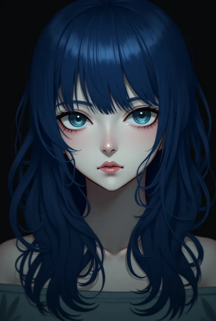 Project sekia artstyle, pale skin, girl, midnight blue hair, cyan eyes, serious expression