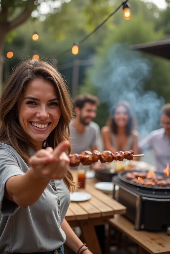 A smiling woman is in a relaxed outdoor environment, holding a succulent kebab and offering the viewer. She wears casual clothes and has a welcoming expression, conveying the feeling of joy and pleasure in sharing a good meal. In the background, a group of...