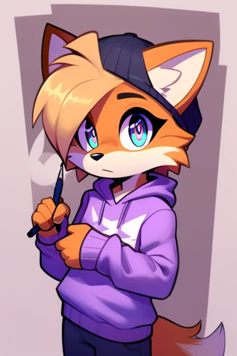  Purple FLUFFY Fox, Bright rainbow eyes, light purple sweatshirt, fluffy tail, Short hair, with a hat, holding a pen