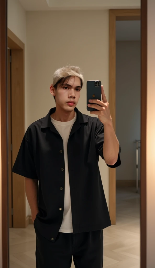 A  old Korean man is taking a picture of himself in the mirror with an iPhone 15 Pro, wearing a black short shirt and a white undershirt, black casual pants, with a selfie theme in the mirror of the villa room HD