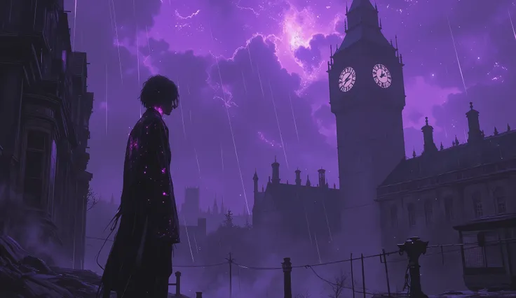 mysterious transfer student standing on rooftop of abandoned school building, glowing purple circuits on skin under fluttering uniform,gothic clock tower in foggy distance,quantum entanglement effects,deep purple nebula background,cyberpunk x dark fantasy ...