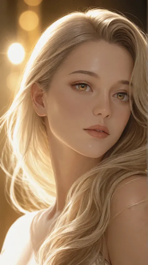 Hyper-realistic, ultra-HD close-up of luxurious, silky, smooth hair flowing in the wind, golden light reflections, extreme detail, cinematic depth of field, dark blurred background, Vogue photoshoot style, 8K resolution.