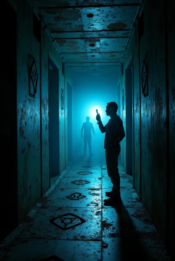 You’re inside an abandoned spaceship, holding a flashlight as it illuminates dark, rusty metal corridors. The reflected light reveals alien symbols etched into the walls, and at the end of the hallway, a mysterious silhouette appears in the blue mist. The ...