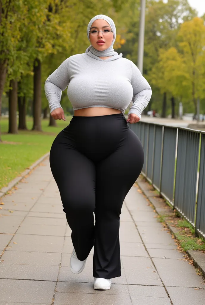 1woman, gorgeous face, short woman, wearing a hijab, wearing a glasses, wearing a sweater, wearing a flare pants, sport shoes, thicc body, chubby, plump body, plus sized, gigantic sagging breast, wide hips, huge thighs, fat ass, she was pregnant, third tri...