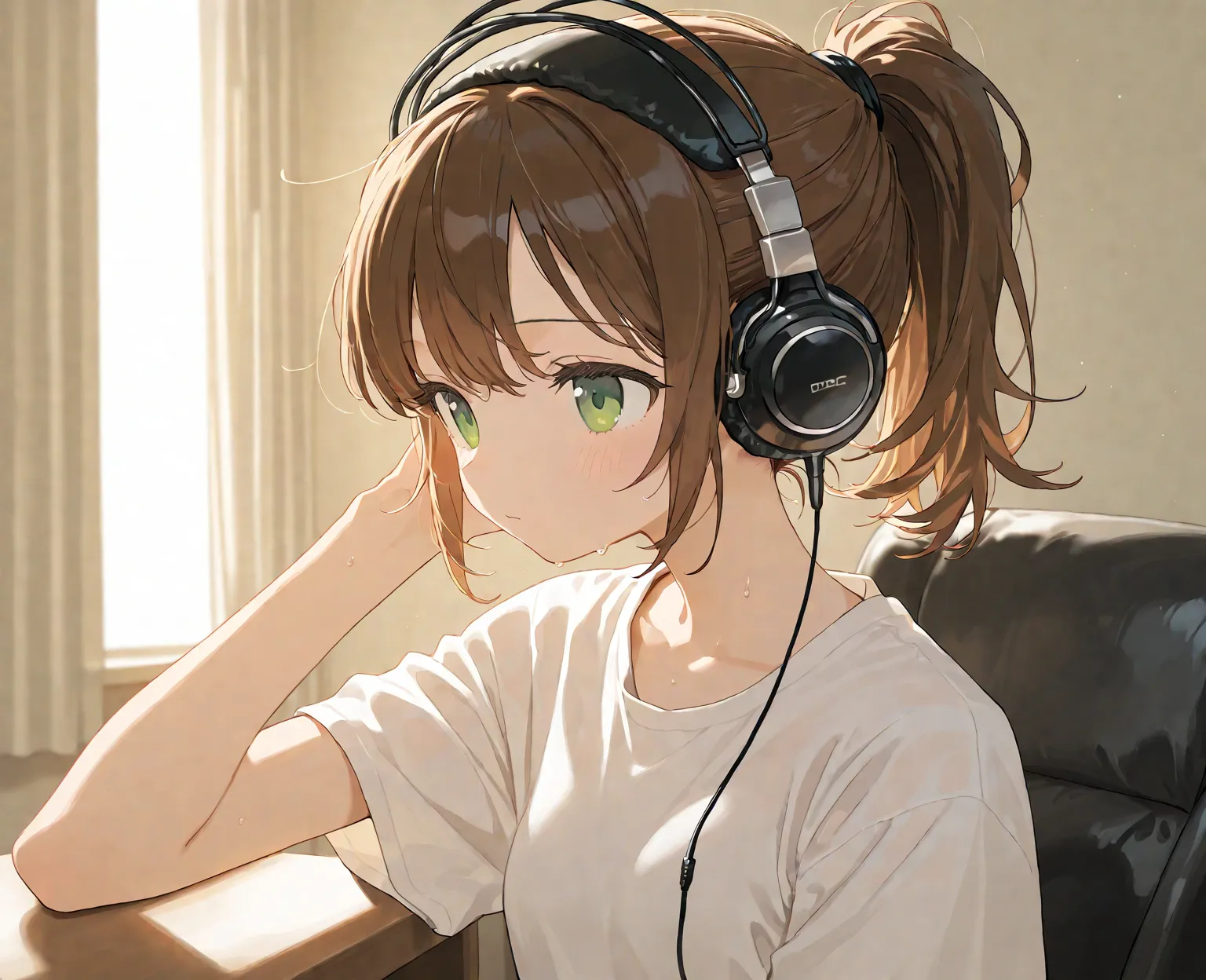 went, green eyes, white t-shirt, brown hair in a ponytail, headphones black,  bright room. 