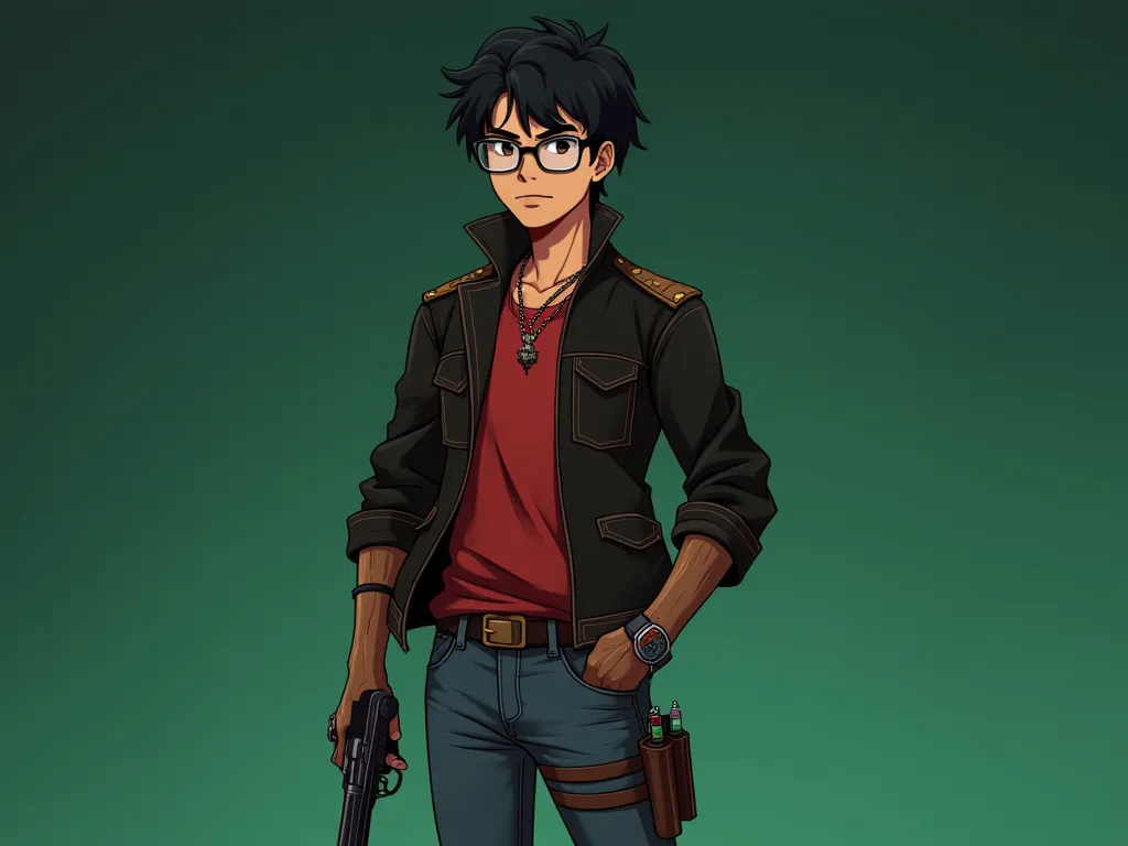 night young man of 20 years old, Brown Leather,  black jacket, red shirt,  denim pants, glasses on, black hair, black eyes, right wooden arm, gun in your holster, medium leather collar, has a vials holder with colored vials,  posing on the side , green car...