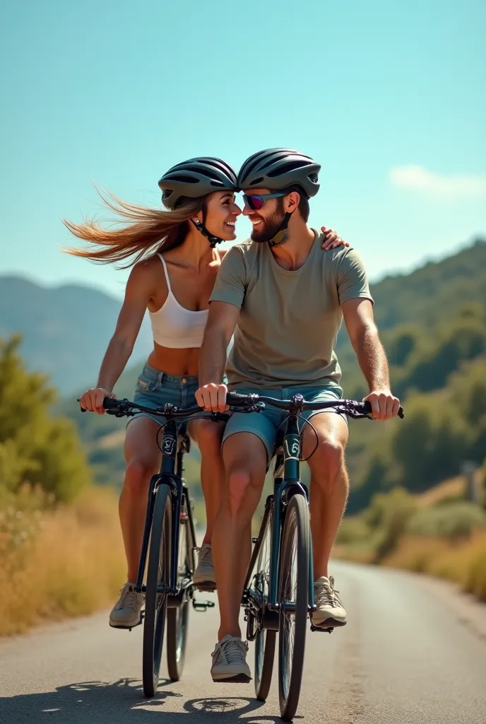 Couple photo on bike with helmet 