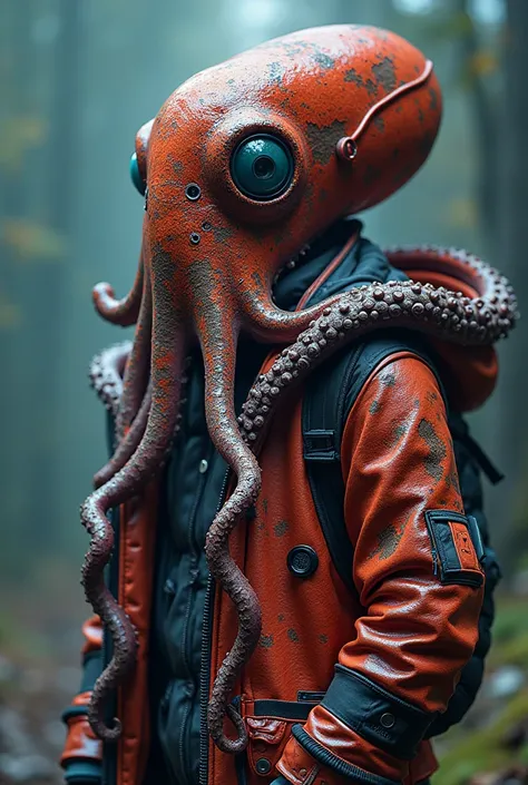 Create jacket from a dystopian world, futurist, Of octopuses with tentacles, Like from another world , Only the garment without ambience or background, inspired by brutalism, WITH THE COLORS OF ARTIFICIAL INTELLIGENCE. Fashion details