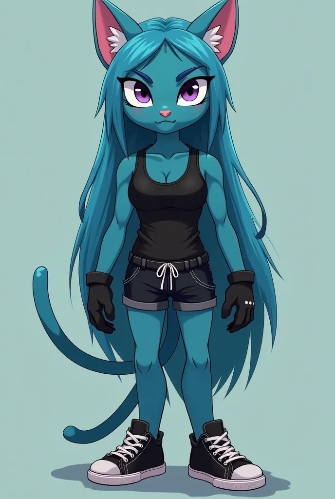 anthromophobic cat character ,turquoise skin color, with purple eyes,long hair the same color as her skin dressed in a muscular black woman and dark shorts ,black sneakers with white laces and gloves black mittens on the hands facial expression ,reserved a...