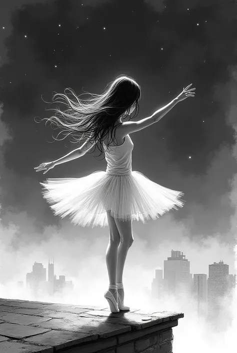 gentle lightweight beautiful ballerina dances on the edge of the roof, lightweight short tulle skirt, long hair fluttering, sketch, black and white liner drawing, airy, Night,  background night city, wind