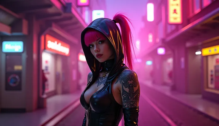 Close up sexy woman in a hoodie covering her face in black latex costume, Japanese women's hair, high definition pink ponytail, tattoo on arms, .   on a dark street,  energy  energy negra roxo em redor dela, aura of fire gold ,  energy, Pink black backgrou...