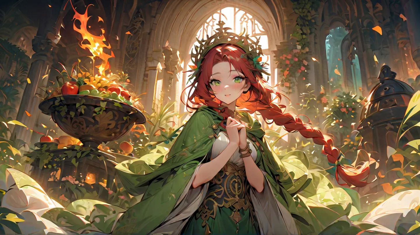 Appearance: A young woman with red hair, braided in complex braids with woven gold threads and flowers. Her skin glows with a warm honey hue, her eyes are bright green, like spring leaves.

Clothing: A long dress of white and green fabric, decorated with e...