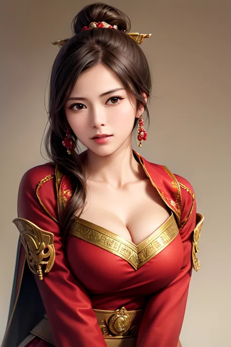 The upper body of a female warrior wearing red and gold armor and cloak, 1 person, cute ponytail ,Age 30, (((Real Face))), slightly larger breasts and cleavage, exposes cleavage,is angry,very fine face and skin texture , staring at the camera,   Chinese Wa...