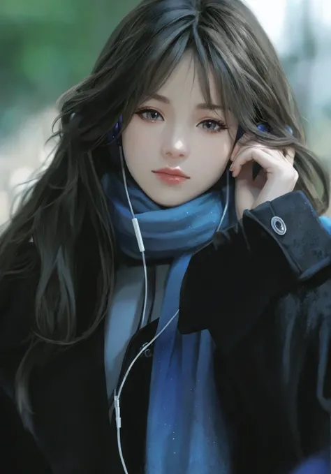 Anime girl, blue scarf, ear headphones, black hair, bluish black jacket, portrait size.