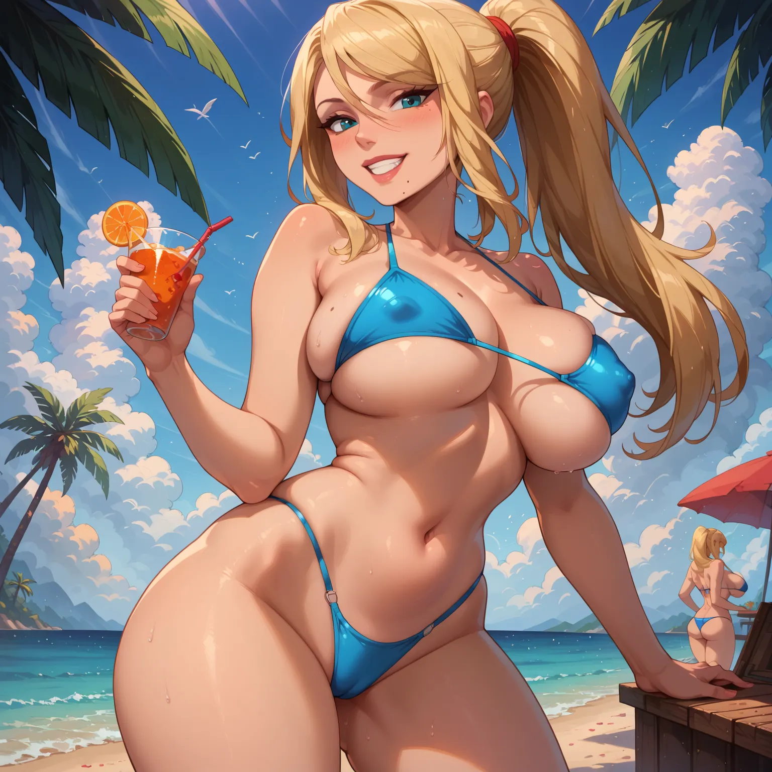 ((masterpiece,best quality, detailed)), 1girl, samus_aran, swimsuit, bikini, blonde_hair, smile, navel, sky, ass, huge_ass, from_behind, solo, blue_eyes, ponytail, bangs, looking_at_viewer, thick_thighs, outdoors, long_hair, blue_bikini, blue_sky, large_br...