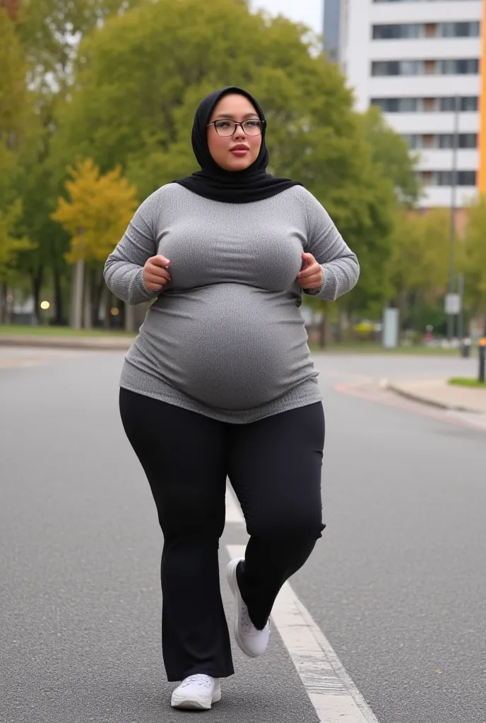 1woman, gorgeous face, short woman, wearing a hijab, wearing a glasses, wearing a sweater, wearing a flare pants, sport shoes, thicc body, chubby, plump body, plus sized, gigantic sagging breast, wide hips, huge thighs, fat ass, she was pregnant, third tri...