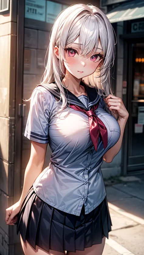 beautiful woman, White hair,  Pink Eyes,  medium body, big boobs, (maximum resolution 8k) Sexy schoolgirl outfit, street
