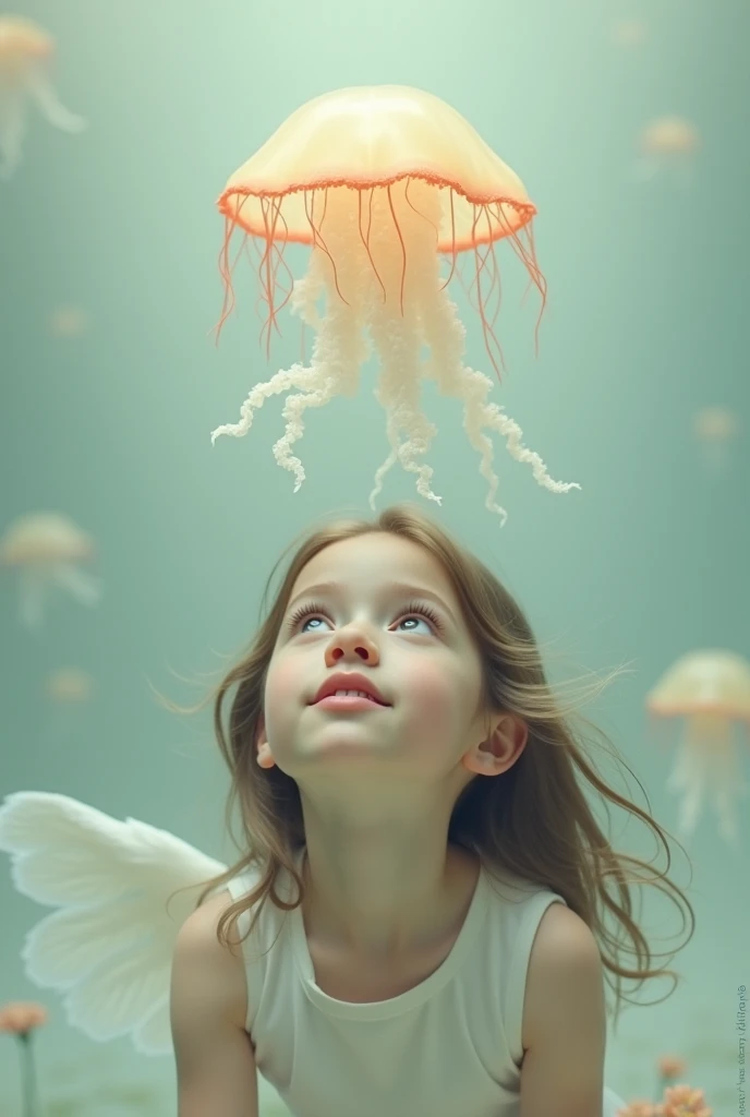 a girl with an innocent face and right above it a jellyfish