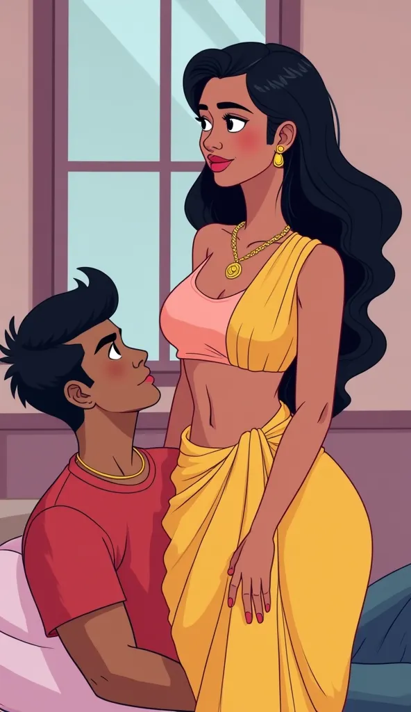 A woman and a man, depicted in a stylized, cartoonish illustration. The woman, appearing to be of South Asian descent and in her twenties, is positioned slightly right of center. She has long, dark hair, and a light peachy-pink, form-fitting crop top and a...