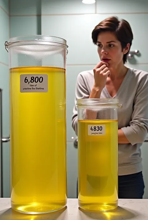 'A woman standing beside a slightly
smaller transparent tank filled with yellow
liquid, labeled '6800 liters of urine in a
lifetime.' She looks surprised, placing her
hand on her chin while comparing her tank
to the man's. The background remains a
bathroom...