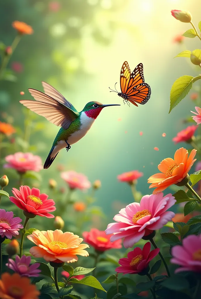 Draw hummingbird and butterfly with flowers 