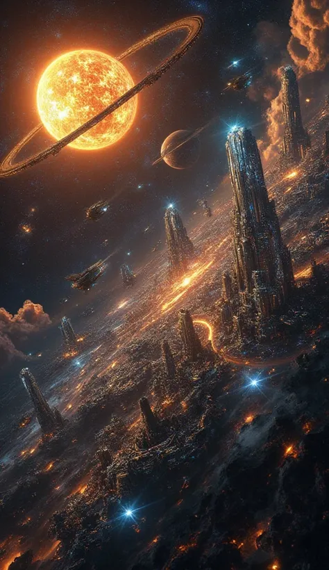 A breathtaking Type II civilization dominates space, harnessing the full energy of its star. A massive Dyson Sphere encircles the sun, its vast panels absorbing limitless energy, casting a radiant glow across the cosmos. Gigantic space stations orbit the s...