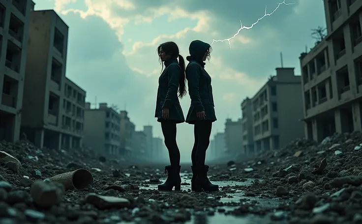 “A post-apocalyptic urban landscape with crumbled buildings, scattered weapons, and debris covering the ground. The sky is heavy with dark clouds, and distant lightning flickers ominously. The camera moves slowly in slow motion, capturing a low-angle view ...