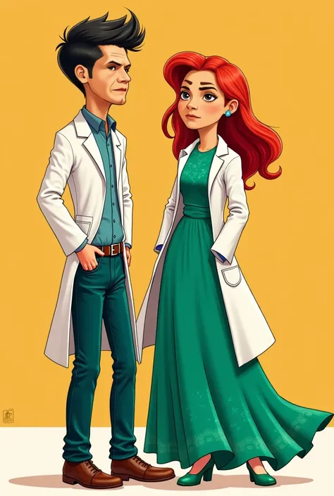 Please can you take this comic-style photo of both of them just like the image, but put a green heel-length dress on the person on the right and a white doctor's coat.  