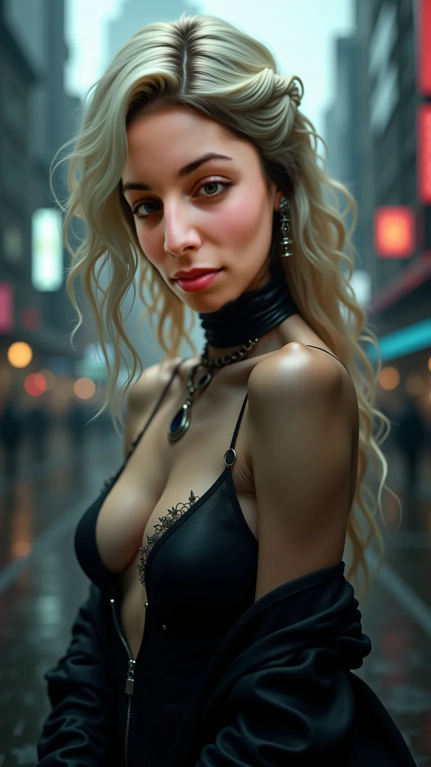 (best quality,4k,8k,highres,masterpiece:1.2),ultra-detailed,(realistic,photorealistic,photo-realistic:1.37),1girl,beautiful detailed eyes,beautiful detailed lips,extremely detailed face,longeyeashes,gothic style,blonde hair,cyberpunk city,sexy pose,seminud...