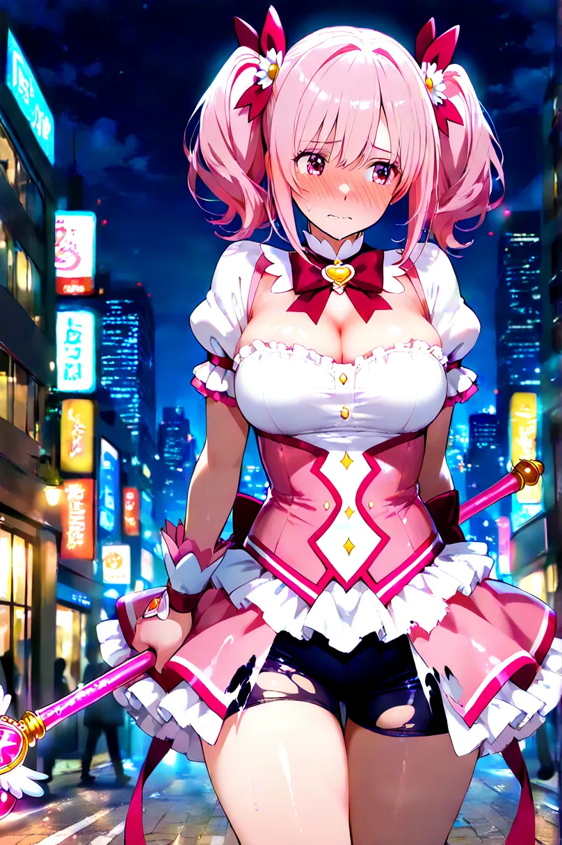 night,city,outdoor,magical girl,pink hair, magical stick, embarrassed,tattered clothes,torn clothes,rage,twin tail,