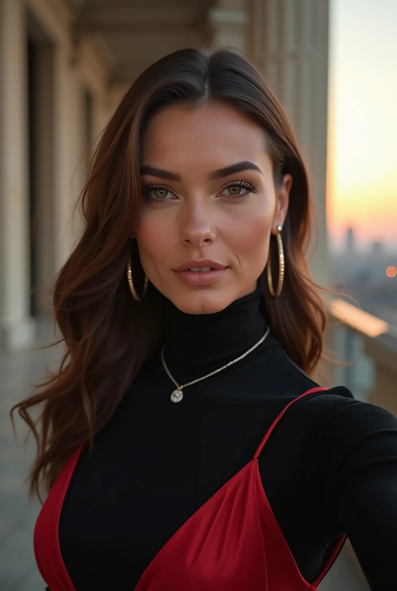 A hyper-realistic portrait of a stunning woman, captured in a professional DSLR-style selfie. She has perfect, radiant skin, natural yet flawless makeup, and expressive eyes. Her outfit is elegant and fashionable—either a sleek black turtleneck with gold h...