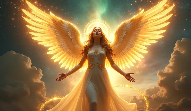 Create a stunning digital artwork of a golden angel with wings spread wide in a cosmic sky, designed to captivate buyers. The angel stands majestically, its radiant form glowing with a molten gold hue, skin shimmering as if forged from divine light. Its se...