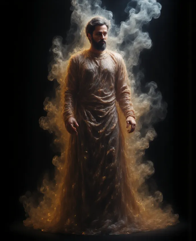 Male figure formed of smoke. Its contours are combined with the environment 
Masterpiece, the best quality, very detailed,  movie,  Cinematography , blush, 