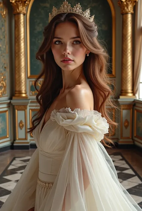 Very beautiful sexy woman with hazel hair color hazel eyes went a queen is wearing a white queen dress she is in a big luxury castle 