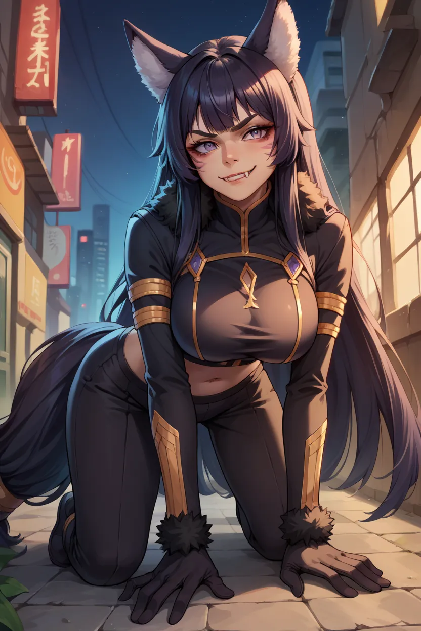 check_9, check_8_ upwards, check_7_ upwards, check_6_ upwards,  eastnik_anime, 1girl, One,  Delta, black hair, long hair, WOLF EARS, face mark, black bodysuit, long sleeves,  neckline,   gold finish  , navel, black gloves,  fur trim ,  black pants,  tail, ...