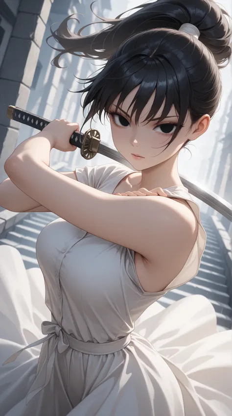 masterpiece, best quality, good quality, very aesthetic, absurdres, newest, 8K, depth of field, focused subject, half body, dynamic angle, action shot, 1anime woman, black ponytail, long white dress, looking at viewer, blind eyes, the anime woman is very s...