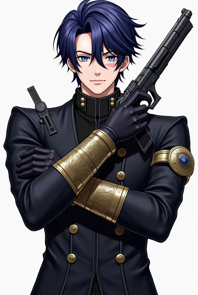 A man about 20 years old dressed in black with metal details on his arms and chest and a gold bracelet with a pistol in one hand and a medium-sized sword in the other with round rays, a scar on his eye, dark blue hair with purple details and blue eyes.