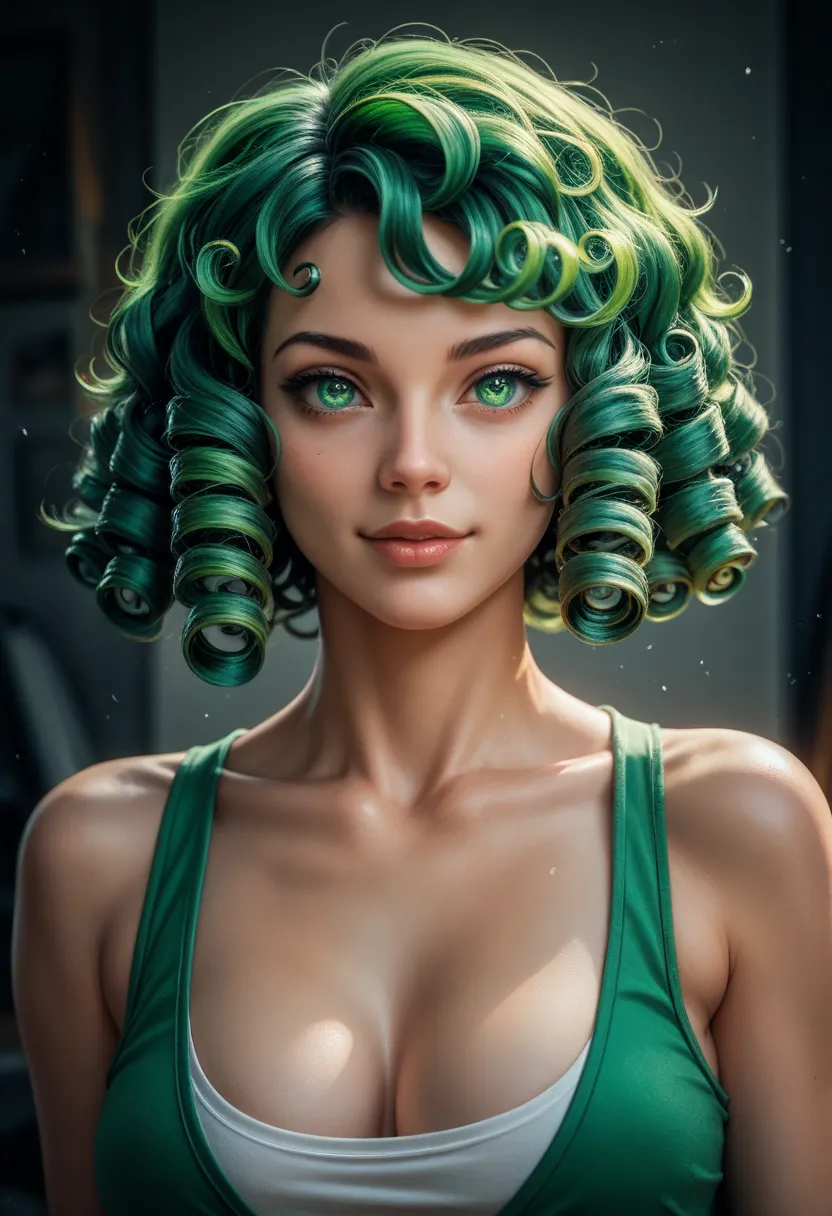 Detailed eyes:1.5, Cowboy shot:1.8, portrait:1.3, score_8_up, score_7_up, score_6_up, concept art, digital art, hyperrealistic, 8k, best quality, high quality, 1futa Garnie, (Stacked curls in short bob hair, seafoam green hair)