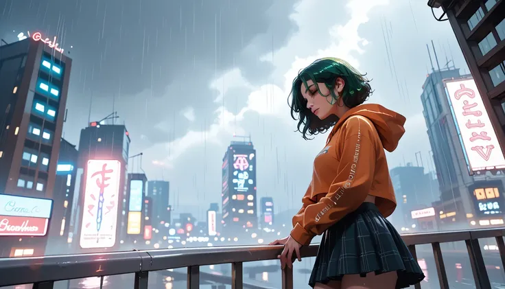 "A reflective woman standing on a glass balcony during twilight, wearing a lightweight skirt and a cropped hoodie. Her ombre green hair shimmers faintly under the dim, rainy sky. She gazes at the city below, where blurred neon lights and wet streets create...